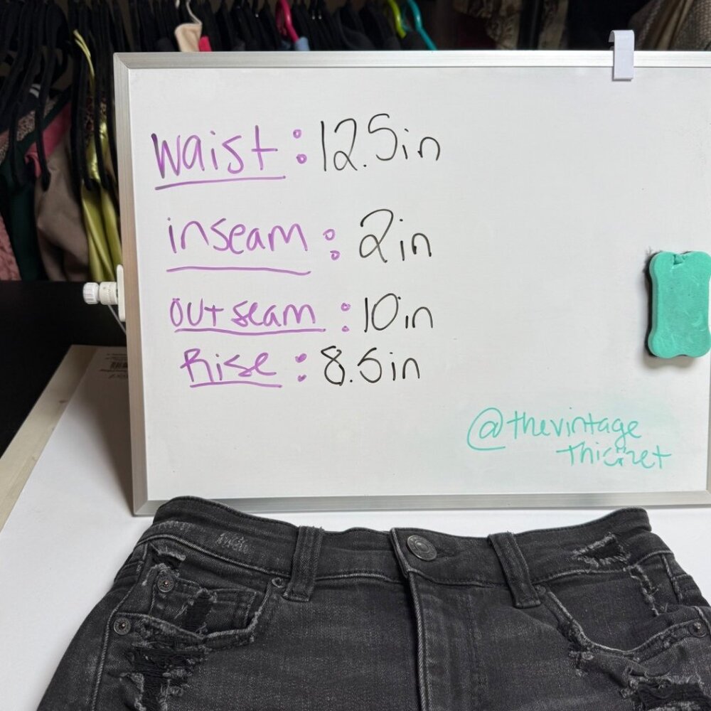American Eagle Hi Rise Shortie Black Denim Stretch Shorts Distressed Size 0 - Picture 9 of 11